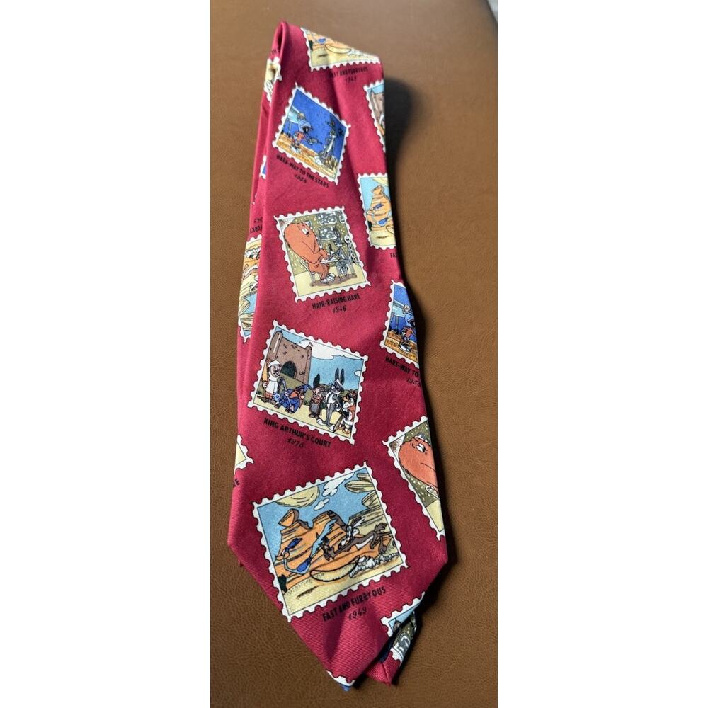 VTG Looney Tunes Neck Tie Stamp collection Warner Bros Bugs Bunny Red Silk